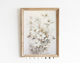Weiße Wildblumen neutraler Druck, ästhetische Blumen Wandkunst, Bauernhaus Dekor, botanische Drucke, digitaler Download DRUCKBARE Vintage Malerei