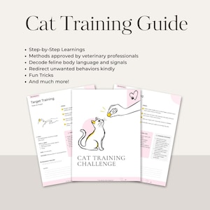 Può includere: Una guida per l'addestramento dei gatti con il titolo "Cat Training Guide". La guida include apprendimenti passo-passo, metodi approvati da professionisti veterinari e trucchi divertenti. La copertina presenta un gatto e il testo "Cat Training Challenge".