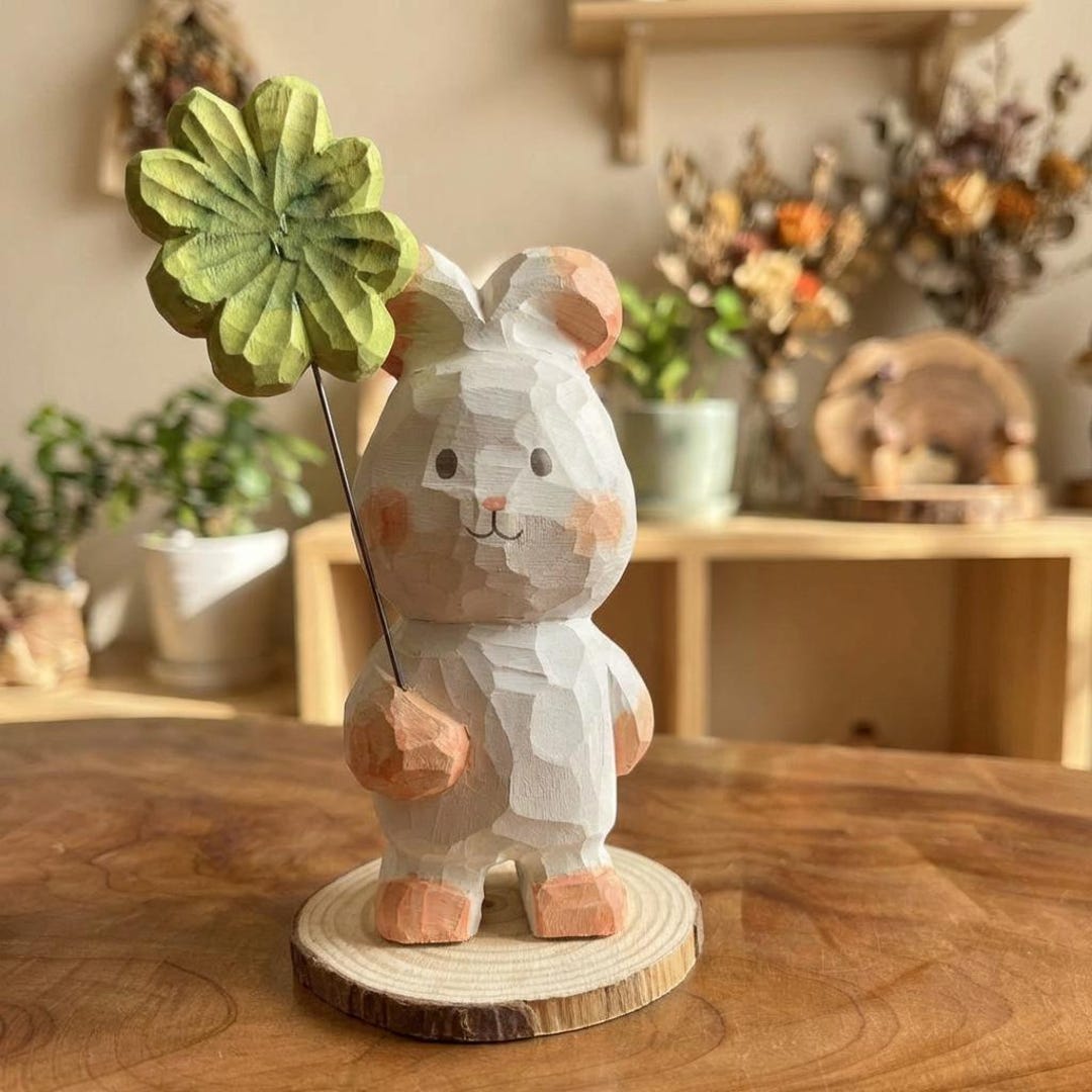 Hand Carved Wooden Rabbit With Four Leaf Clover, Cute Bunny Figurine ...