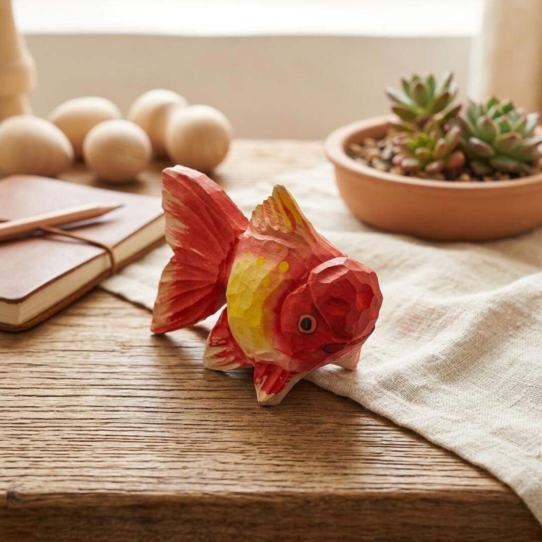 Hand Carved Wooden Goldfish Figurine, Painted Miniature Fish Ornament ...