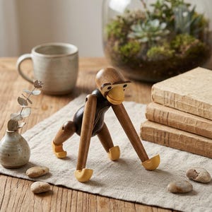 May include: A wooden monkey figurine with articulated limbs, painted in shades of brown and black, with yellow feet and a yellow face. The monkey is posed on a neutral-colored cloth, with a small vase, mug, and decorative stones nearby. A glass terrarium and books are in the background.