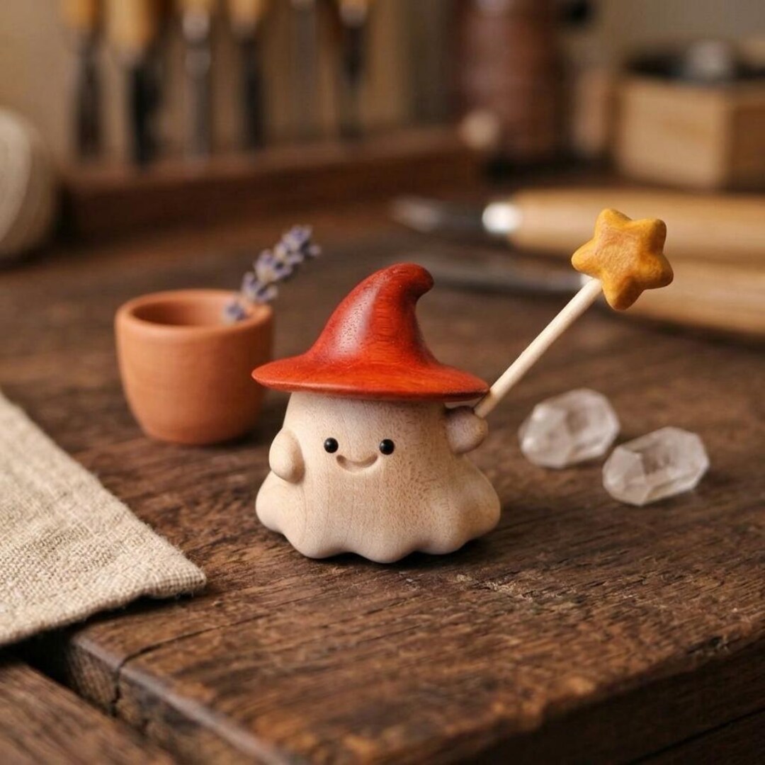 Handmade Wooden Wizard Ghost Figurine, Cute Wood Carving Desk Pet ...