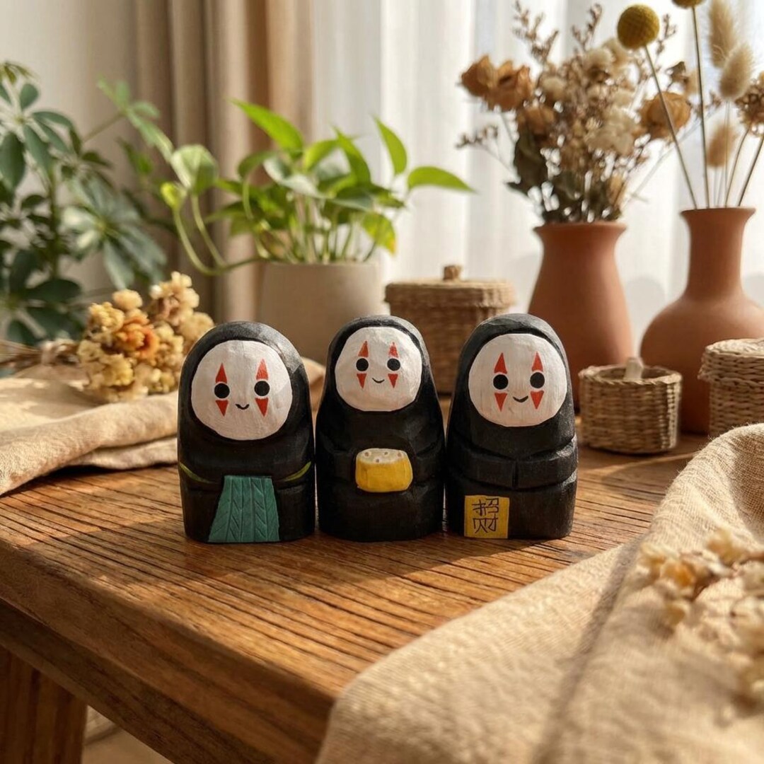 Hand Carved Wooden Faceless Spirit Figurine, Cute Japanese Style Decor ...
