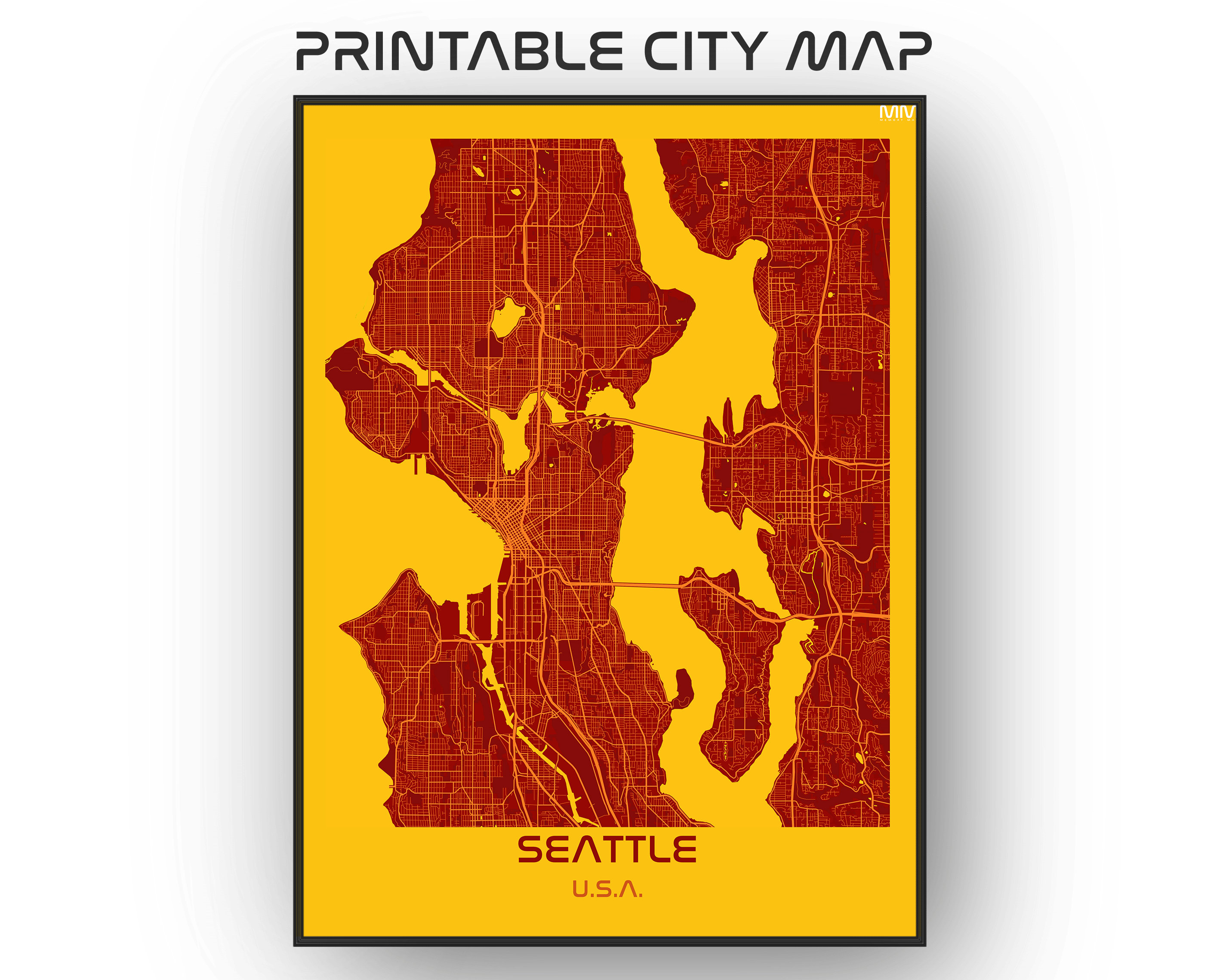 Seattle Map Downloadable Map of Seattle Rectangle Red and Etsy