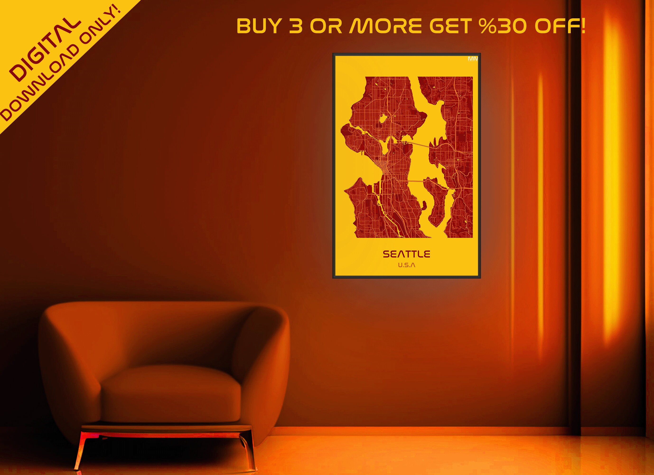 Seattle Map Downloadable Map of Seattle Rectangle Red and Etsy