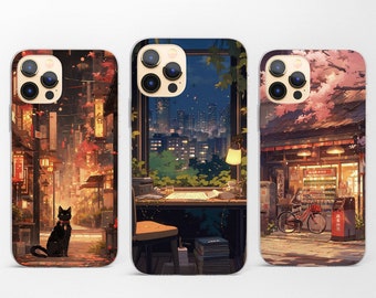 Japanese Night City Phone Case for iPhone 17 Pro Max, Air, 16e, 15, 14, 13 fits Samsung S25 Ultra, S24 FE, A56, A16 & Pixel 10, 9
