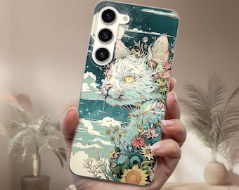 Floral Cat Phone Case Bohemian Style Cover fits Samsung S25 Ultra S24 FE S23 S22 S21 fit Samsung A56 A55 A54 A52s A36 A17 A16 A15