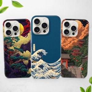 May include: Three phone cases with Japanese art designs. One case shows a large wave, another a mountain scene with a full moon, and the third depicts a temple on a hillside. The cases have a dark blue, red, and purple colour scheme.