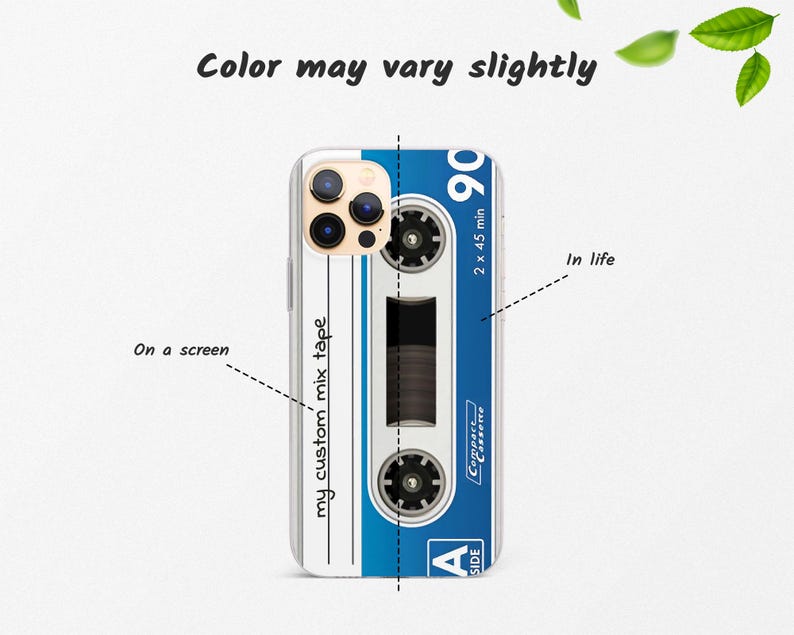 May include: A clear phone case with a retro cassette tape design. The case features a blue and white cassette tape with the text "my custom mix tape", "Compaserve Cassette", "90", "2 x 45 min", and "A SIDE".