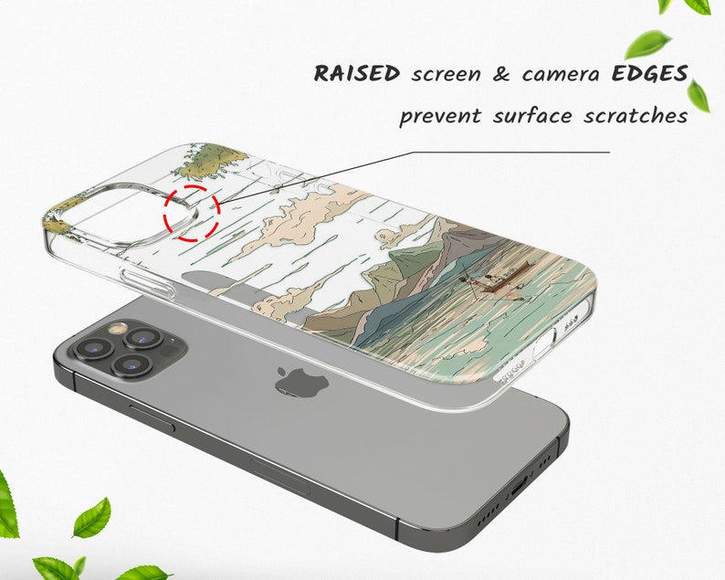 May include: A clear phone case with a raised edge around the camera and screen to protect it from scratches. The case has a colorful design of a mountain scene with a boat on a lake.