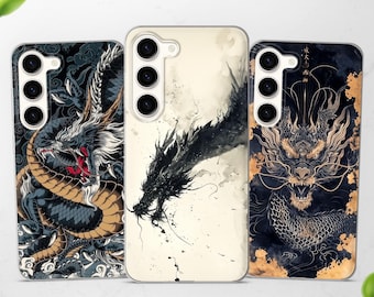 May include: Three phone cases with dragon designs. The cases feature detailed illustrations of dragons in various styles, including a black and white ink wash, a blue and gold dragon, and a dragon with red accents. The cases are designed for a smartphone.