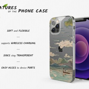 May include: A clear phone case with a Japanese landscape design. The case is soft and flexible, supports wireless charging, has transparent sides, and easy access to device ports.