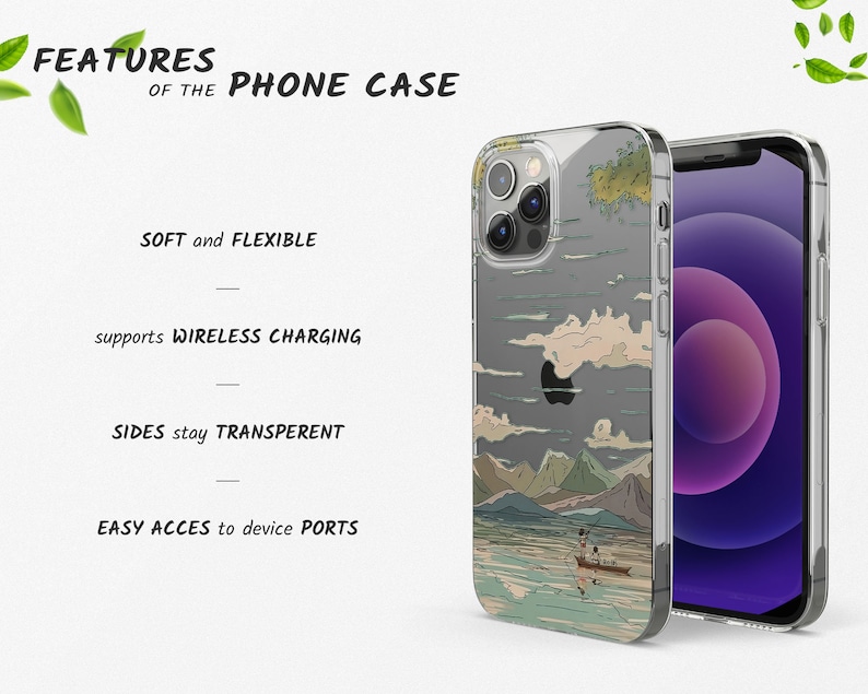 May include: A clear phone case with a Japanese landscape design. The case is soft and flexible, supports wireless charging, has transparent sides, and easy access to device ports.