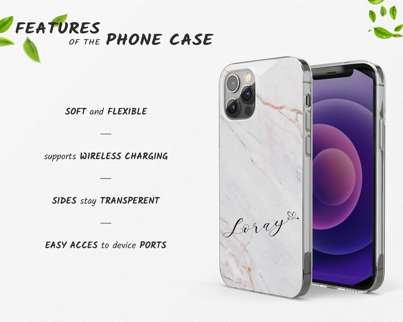 May include: A white phone case with a marble pattern and the name "Loray" written in cursive on the back. The case is compatible with wireless charging and has clear sides.