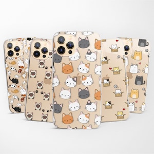 Funda de teléfono transparente con diseño de gato kawaii para iPhone 16, 15, Pro, 14, 13, 12 y 11, compatible con Samsung S25, S24, FE, S23, S22, A55, A54, A16, A15 y Pixel 9, 8