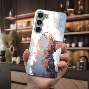 May include: A phone case featuring a colourful cat illustration. The cat is looking up at the sky with its mouth open. The background is a light blue sky with white clouds and rain.