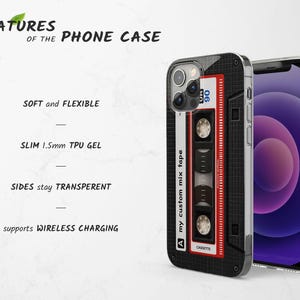 Puede incluir: Una funda para tel&eacute;fono con un dise&ntilde;o de casete retro y el texto 'my custom mix tape' y 'CASSETTE'. La funda es suave, flexible, de gel TPU de 1,5 mm de grosor, tiene lados transparentes y es compatible con la carga inal&aacute;mbrica.