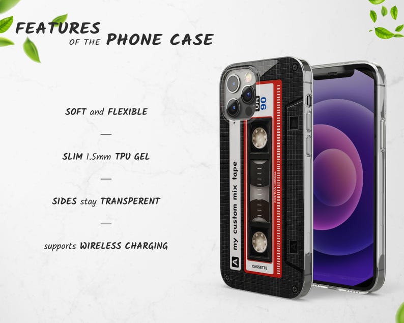 Puede incluir: Una funda para tel&eacute;fono con un dise&ntilde;o de casete retro y el texto 'my custom mix tape' y 'CASSETTE'. La funda es suave, flexible, de gel TPU de 1,5 mm de grosor, tiene lados transparentes y es compatible con la carga inal&aacute;mbrica.