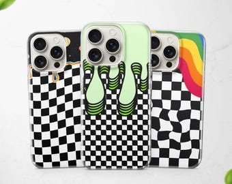 Trippy Rainbow Phone Case Groovy Checkerboard Cover for iPhone 17 Pro 16 15 14 13 12 fit Samsung S26 S25 A56 A36 A26 A17 A16 & Pixel 10 9a