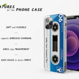 May include: A blue and white phone case with a cassette tape design. The case has a clear back and a raised edge around the camera lens. The text on the case reads "my custom mix tape" and "2 x 45 min 90".