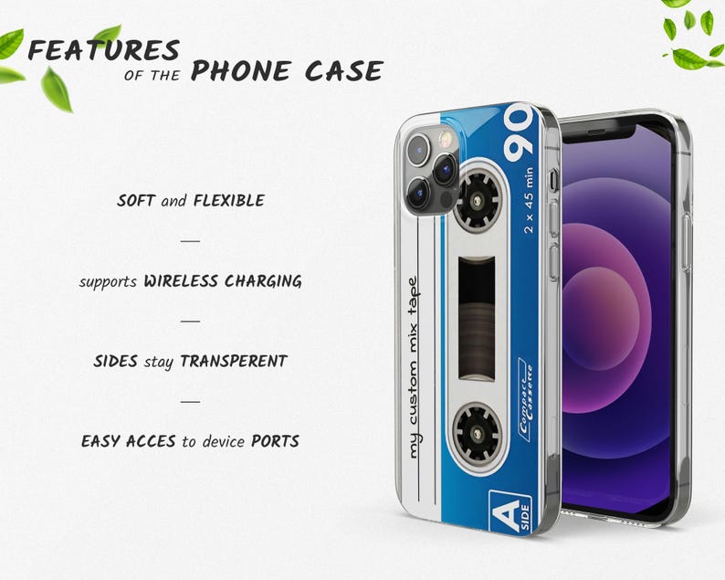May include: A blue and white phone case with a cassette tape design. The case has a clear back and a raised edge around the camera lens. The text on the case reads "my custom mix tape" and "2 x 45 min 90".
