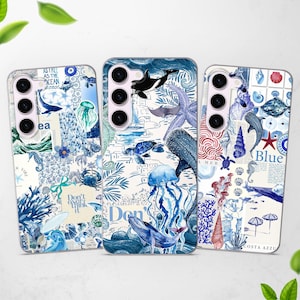 May include: Three phone cases with ocean-themed designs. The cases feature blue and white illustrations of marine life, including whales, jellyfish, and starfish. One case has the text "Don't overthink it". The cases have a glossy finish.