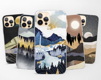 May include: Five different phone cases with a mountain landscape design. Each case features a different color scheme and design, including a black and white case, a blue and gold case, a brown and gold case, a blue and white case, and a black and gold case.