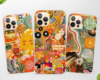 Hippie Collage Handyhülle 70s Psychedelic Disco Cover für iPhone 17 Pro, 16e, 15, 14, 13 passend für Samsung S25 Ultra, S24 FE, A56, A16 & Pixel 10