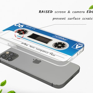 May include: A clear phone case with a blue and white cassette tape design. The case has raised edges to protect the screen and camera. The text on the case reads "my custom mix tape" and "side A".