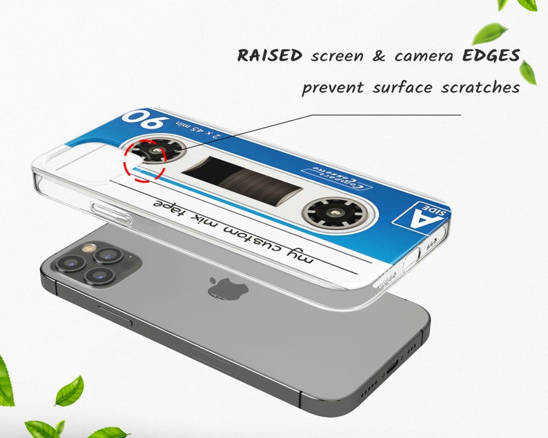 May include: A clear phone case with a blue and white cassette tape design. The case has raised edges to protect the screen and camera. The text on the case reads "my custom mix tape" and "side A".