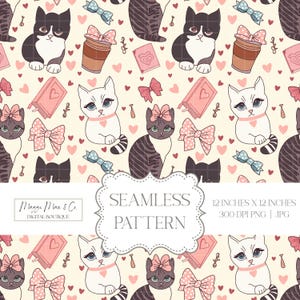 Bookish Cats Seamless Pattern: Coquette Fabric, Vinyl Design (300 DPI PNG JPG Digital Download