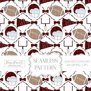 May include: Seamless pattern featuring footballs, helmets, megaphones, and goalposts in a repeating design. The pattern is in shades of brown, white, and maroon. The text "SEAMLESS PATTERN" is displayed in the center.