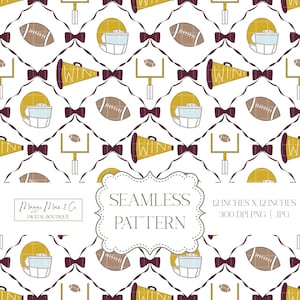 May include: Seamless pattern featuring footballs, helmets, megaphones, and goalposts in a repeating design. The pattern includes a white background with maroon bows. The text "SEAMLESS PATTERN" is displayed in a decorative frame. The pattern is 12 inches by 12 inches.