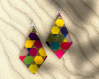 Mardi Gras Wooden Earrings – Diamond & Rectangle Carnival Jewelry