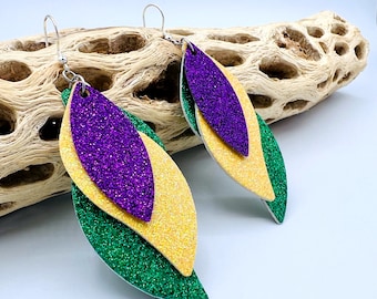 Mardi Gras Faux Leather Earrings – Glitter Purple, Green & Gold
