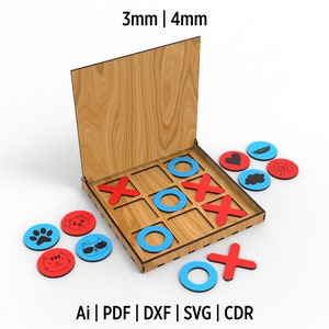Tic Tac Toe Board Game Laser Cut File, Suitable for acrylic and wood cutting Drawing Files with alternative designs
