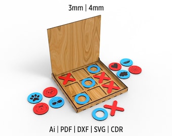 Tic Tac Toe Board Game Laser Cut File, Suitable for acrylic and wood cutting Drawing Files with alternative designs