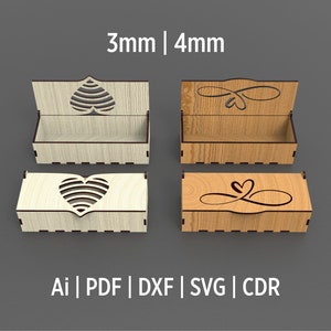 May include: Four wooden boxes with different designs. The boxes are 3mm and 4mm thick. The designs include a heart, a leaf, and an infinity symbol. The boxes are available in AI, PDF, DXF, SVG, and CDR formats.