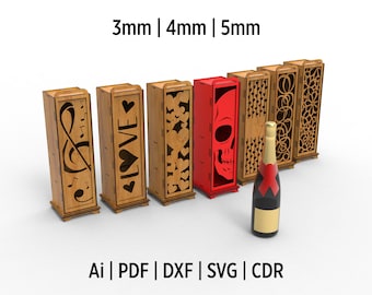 Elegant Wine Bottle Gift Box Bundle SVG Files For Laser Cut, Wine Bottle Holder, Plywood Wine Box, Digital Files For Laser Cutting