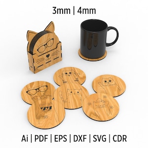 Cute Cat Designed Glass Coaster Svg Dxf And Other Drawing Files For Laser Cut Machines Includes 6 Different Cat Figures