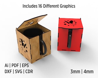 Mug Box Laser Cut Files, Acrylic or Wooden Mug Box Laser Cut Files, Vector Files For Wood Laser Cutting With 16 Different Designs