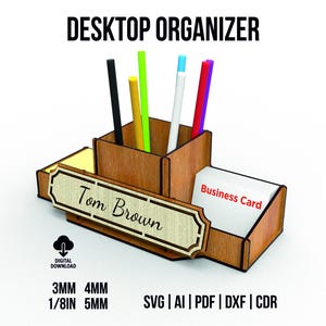 Business Card And Pencil Holder With Nameplate Laser Cut Svg Files For Laser Cutting, Desktop Pencil Holder Box