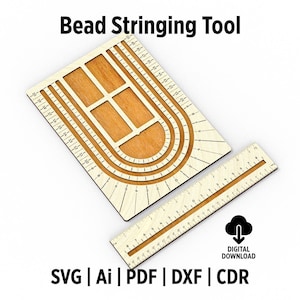 May include: A light-colored wooden bead stringing tool with a U-shaped channel and integrated ruler markings, accompanied by a separate straight ruler. The text Bead Stringing Tool, Digital Download, and SVG | Ai | PDF | DXF | CDR are visible.