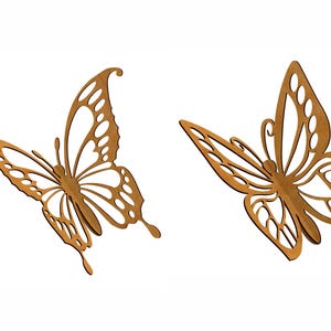 Pu&ograve; includere: Due ritagli di farfalle in legno. Le farfalle sono di un caldo colore marrone e presentano intricati disegni traforati. Le ali sono dettagliate con varie forme e motivi, creando un aspetto delicato e arioso. Le farfalle sono posizionate su uno sfondo bianco.