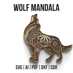 May include: A layered wooden wall art piece in the shape of a howling wolf with intricate mandala patterns cut into the surface. The text WOLF MANDALA appears at the top, and SVG | AI | PDF | DXF | CDR is printed at the bottom of the design.