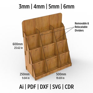 Expositor de 4 estantes con archivos SVG para corte láser Glowforge y Cricut. Expositor de madera para ferias de artesanía y mercadería.