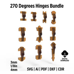 Paquete de diseños de bisagras de 270 grados (archivos SVG para corte láser), bisagras para cajas de 90 grados, 10 diseños diferentes (archivos SVG y DXF)