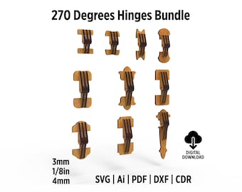 270 Degrees Hinge Design Bundle Svg Files For Laser Cut, Hinges for boxes 90 degrees, 10 Different Designs Svg and Dxf Files