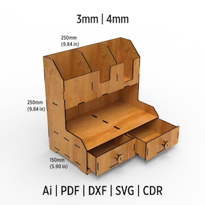 Schreibtisch Organizer mit Schubladen Laser Cut Dateien svg, dxf, ai, pdf, Cdr und eps Format. Fertig zum Schneiden. Kompatibel für Holz- und Acrylschneiden.