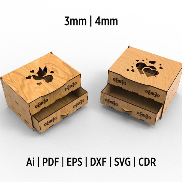 2 Different Designs Included Chest Of Drawers Jewelry Box Laser Cutting File, Drawing Files For Wooden Box, Wooden Gift Box For Her